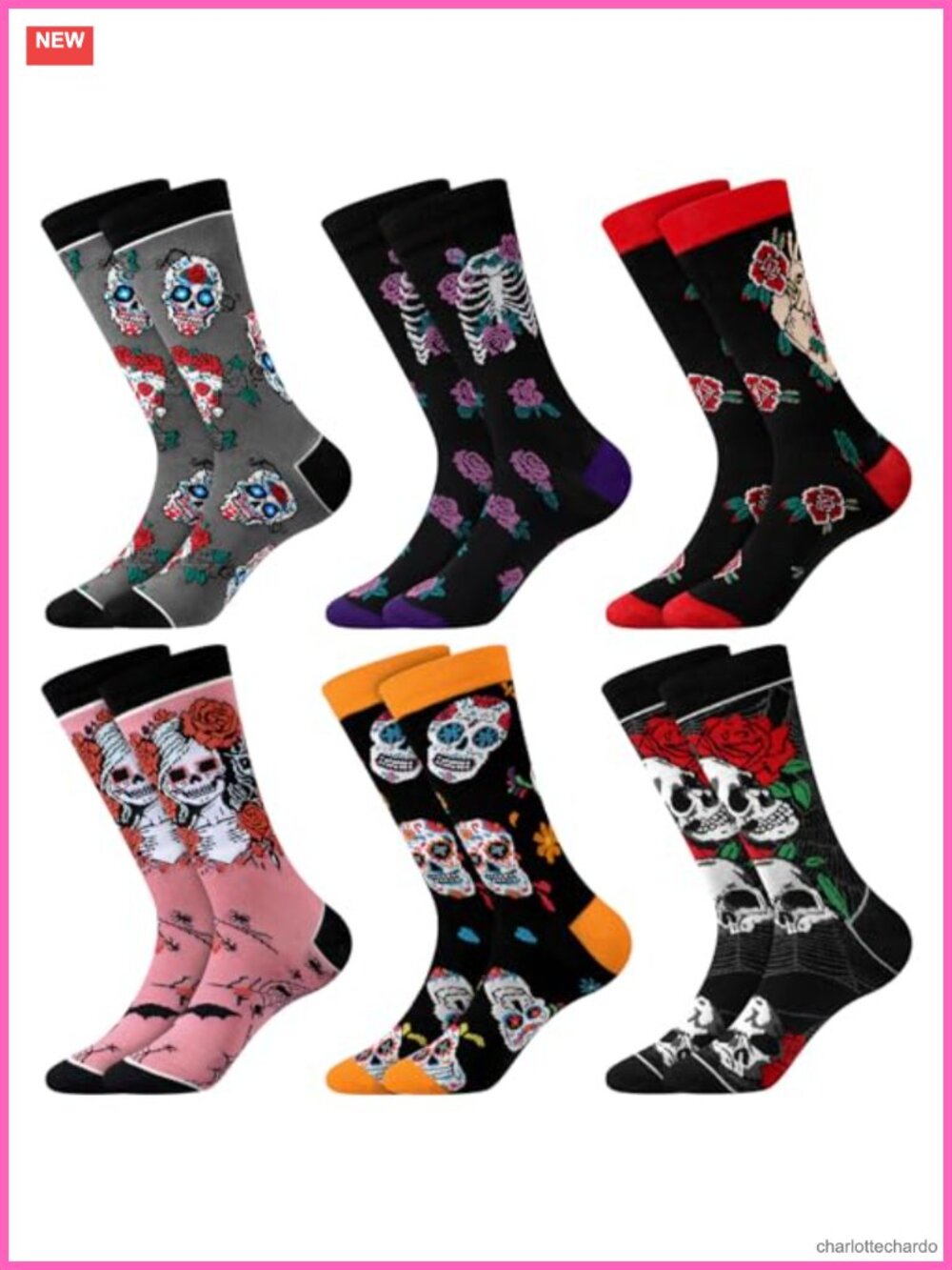 Sugar Skull Socks 6 Pair Novelty Crew Halloween Socks